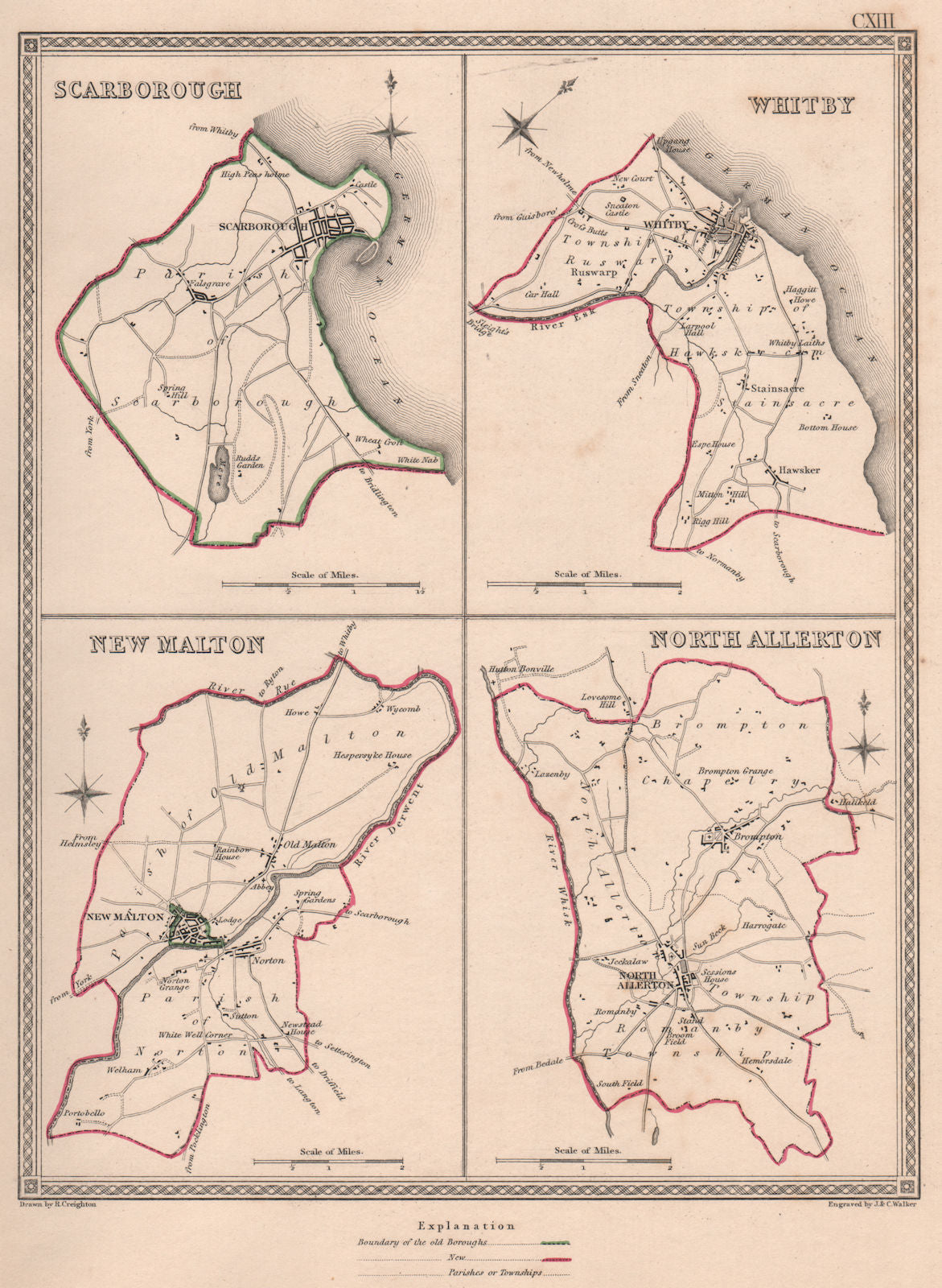 N YORKSHIRE TOWNS. ScarWhitby New Malton Northallerton. CREIGHTON 1835 old map